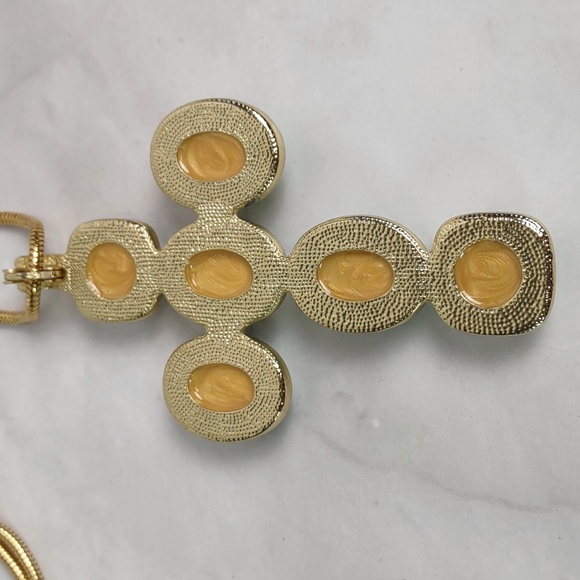 Aqua/Goldtone Cabochon Cross Enhancer Necklace - Picture 7 of 9